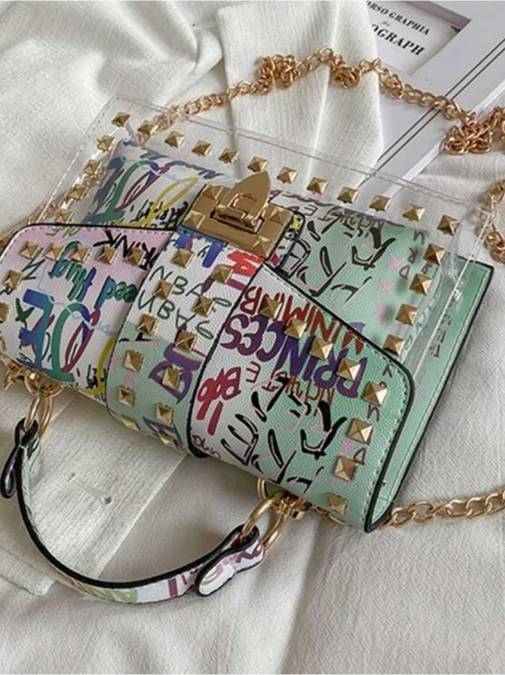 Pastel Multi Graffiti Studded Crossbody Bag with Chain Strap - Picture 5 of 7